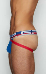 Blue and red athletic briefs with a white blue and red striped waistband featuring the cip logo c-in2 jockstrap 3326-421