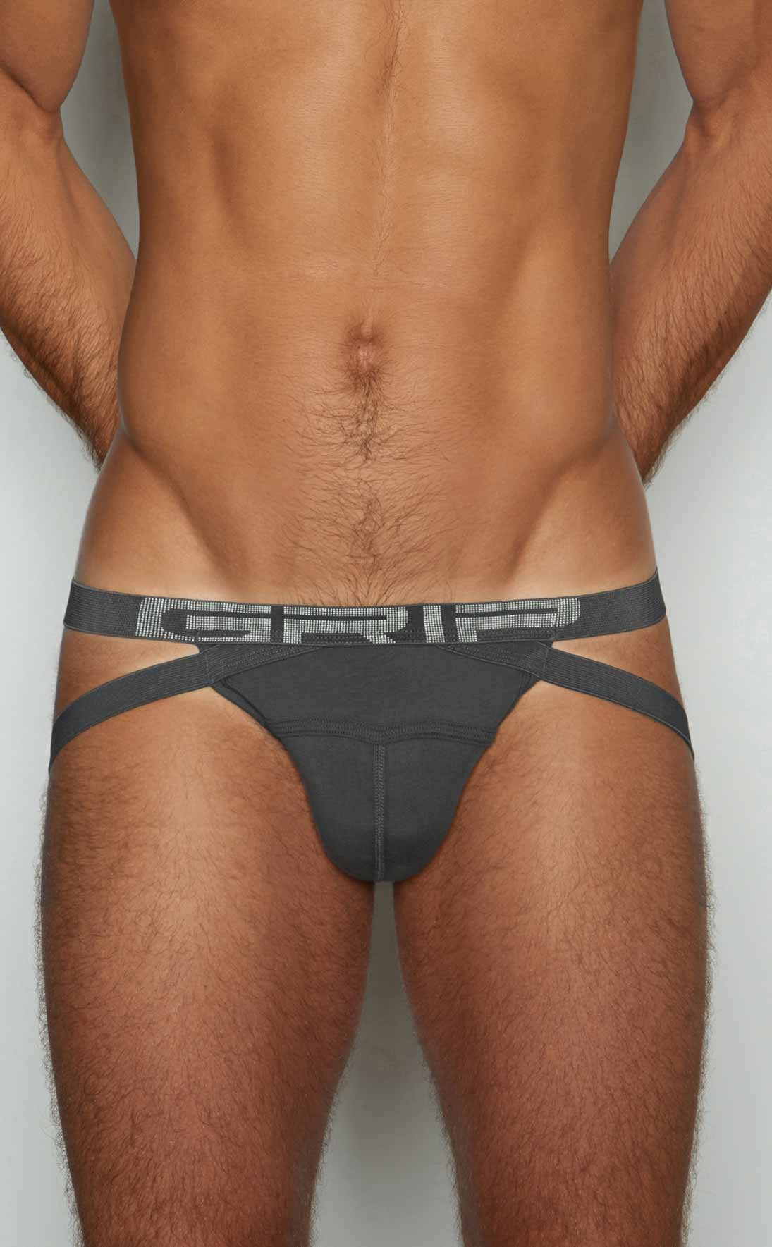 Dark gray form-fitting athletic briefs c-in2 jockstrap 3525-073 with wide waistband and grip logo in lighter gray