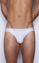 White c-in2 y-back thong briefs with sleek minimalist design and subtle gray branding on waistband from back view