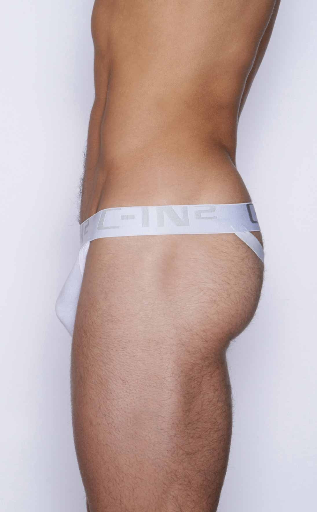 White minimalist athletic y-back thong briefs with sleek elastic waistband featuring c-line logo by c-in2 back view