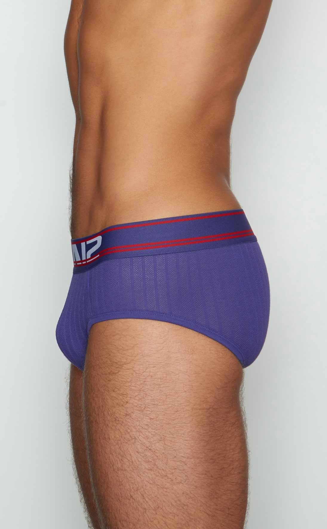 Purple men’s briefs c-in2 brief 6760-541 with navy blue waistband red stripes and mip logo in white