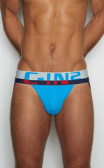 Bright blue c-in2 jockstrap 8025-412 with white and navy waistband featuring bold red lettering front view