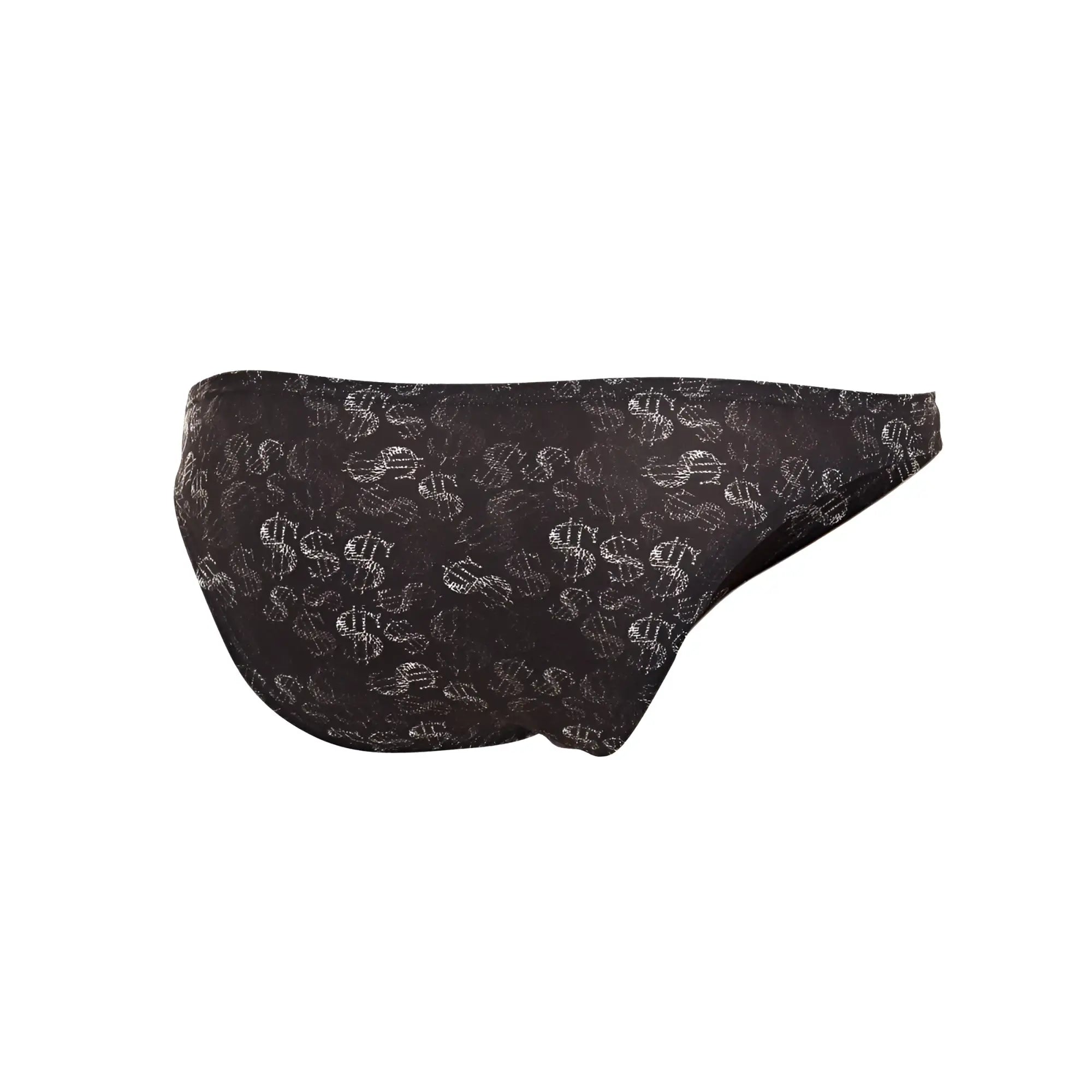 Black swim trunks featuring a repeating white dollar sign pattern from the C4M01-Dollar Bikini collection