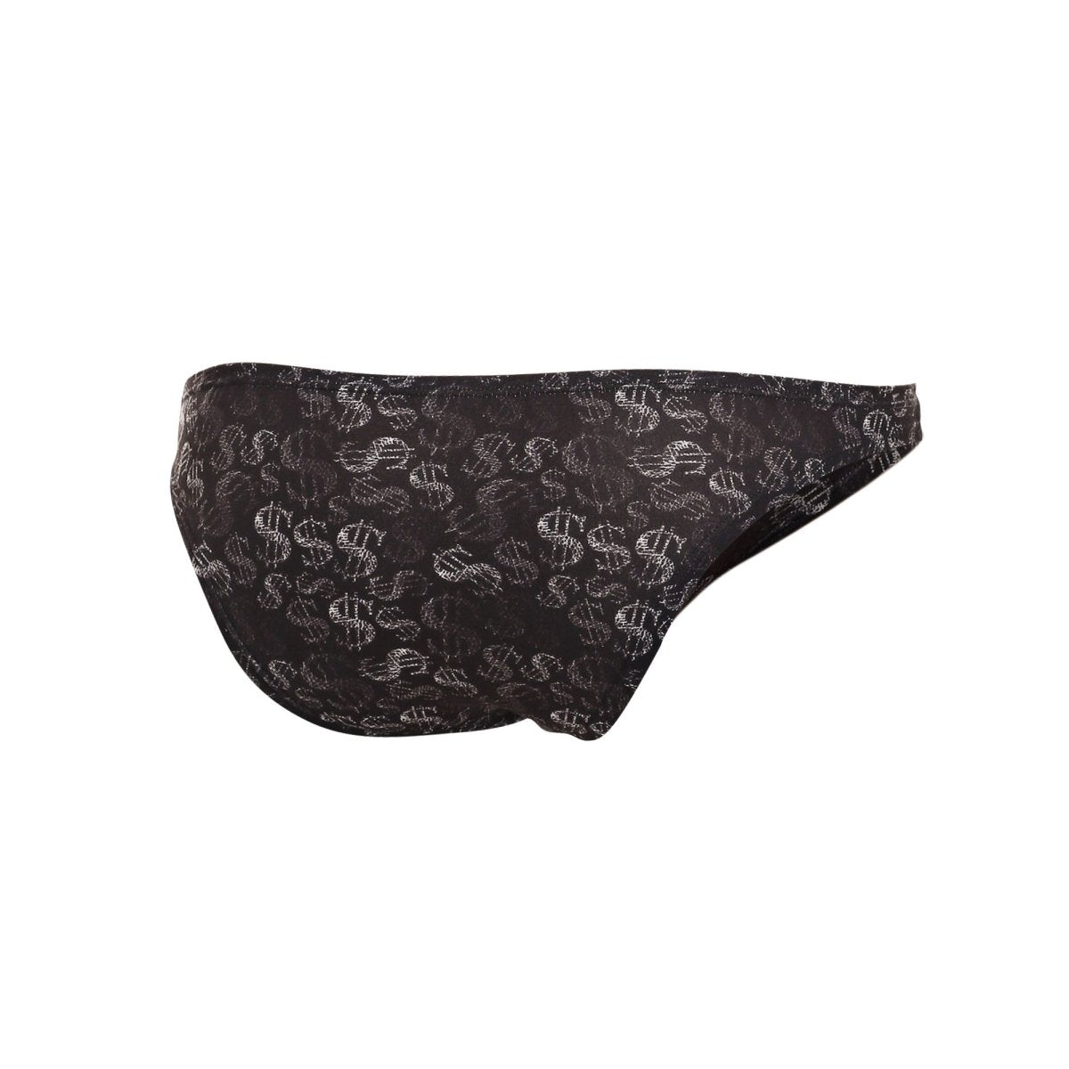 Black swim trunks featuring a repeating white dollar sign pattern from the C4M01-Dollar Bikini collection