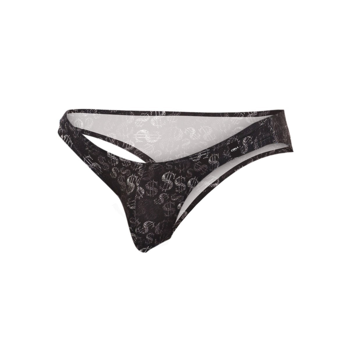Black thong with white dollar sign pattern and sheer mesh detailing in the back from C4M01-Dollar Bikini collection