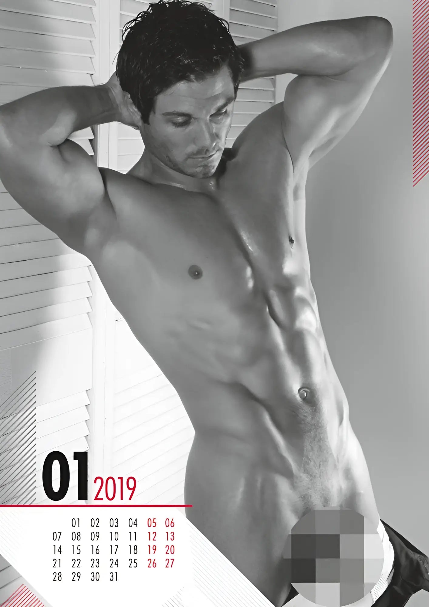 Black-and-white calendar page showing a muscular man pose with january 2019 and monthly grid for calendar 2019 pin up real cocks 0180483