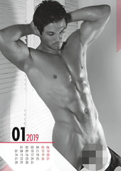 Black-and-white calendar page showing a muscular man pose with january 2019 and monthly grid for calendar 2019 pin up real cocks 0180483