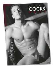 2021 real cocks calendar featuring a black-and-white photo of a muscular man reclining on an ornate chair size one size