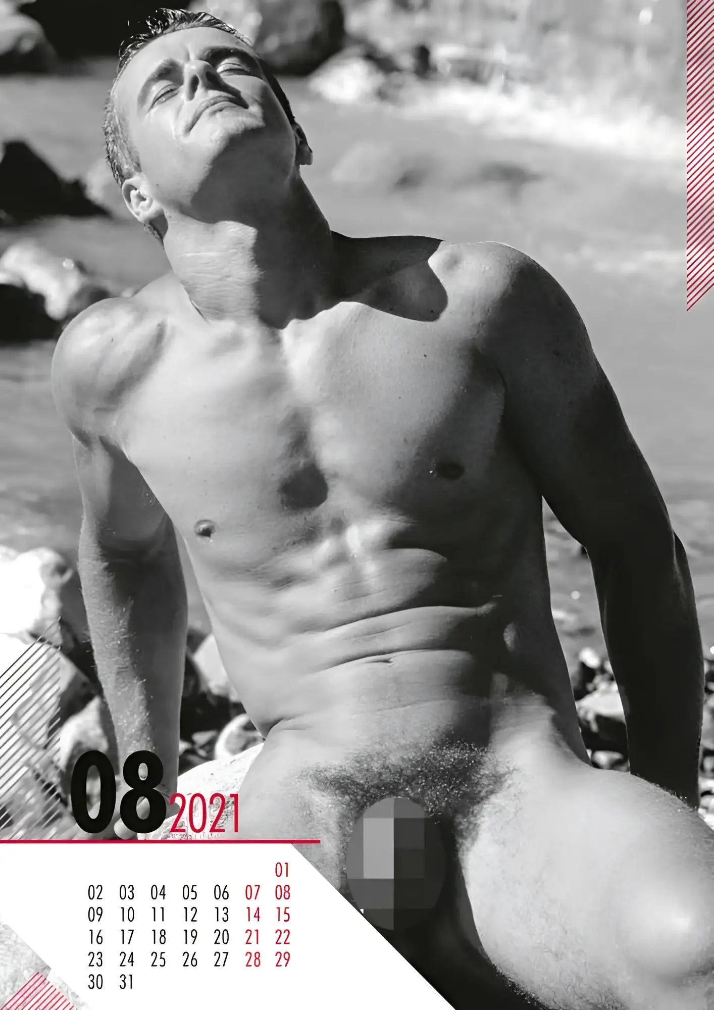 Black-and-white calendar page from 2021 hc real cocks pin up featuring a man at the beach and monthly grid