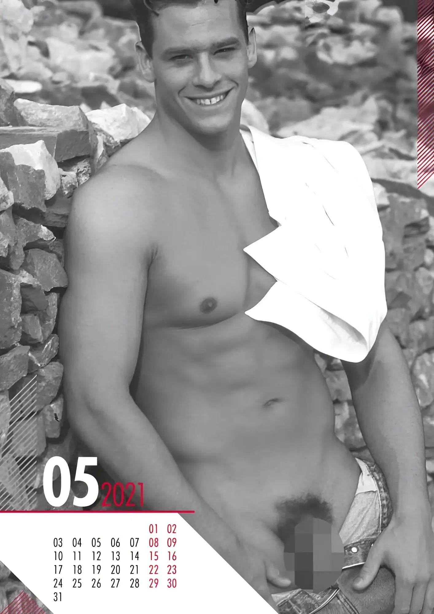Black-and-white may 2021 calendar page featuring a shirtless man with defined abs and white towel from hc real cocks pin up