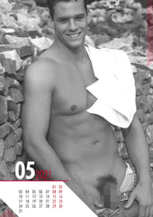 Black-and-white may 2021 calendar page featuring a shirtless man with defined abs and white towel from hc real cocks pin up