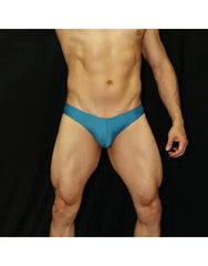 Men's blue bikini swimwear by Arroyman featuring a snug fit and smooth fabric shown on a model.