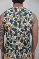 Camouflage open arm tank sleeveless top with olive green tan and black splotches on white base in soft fabric