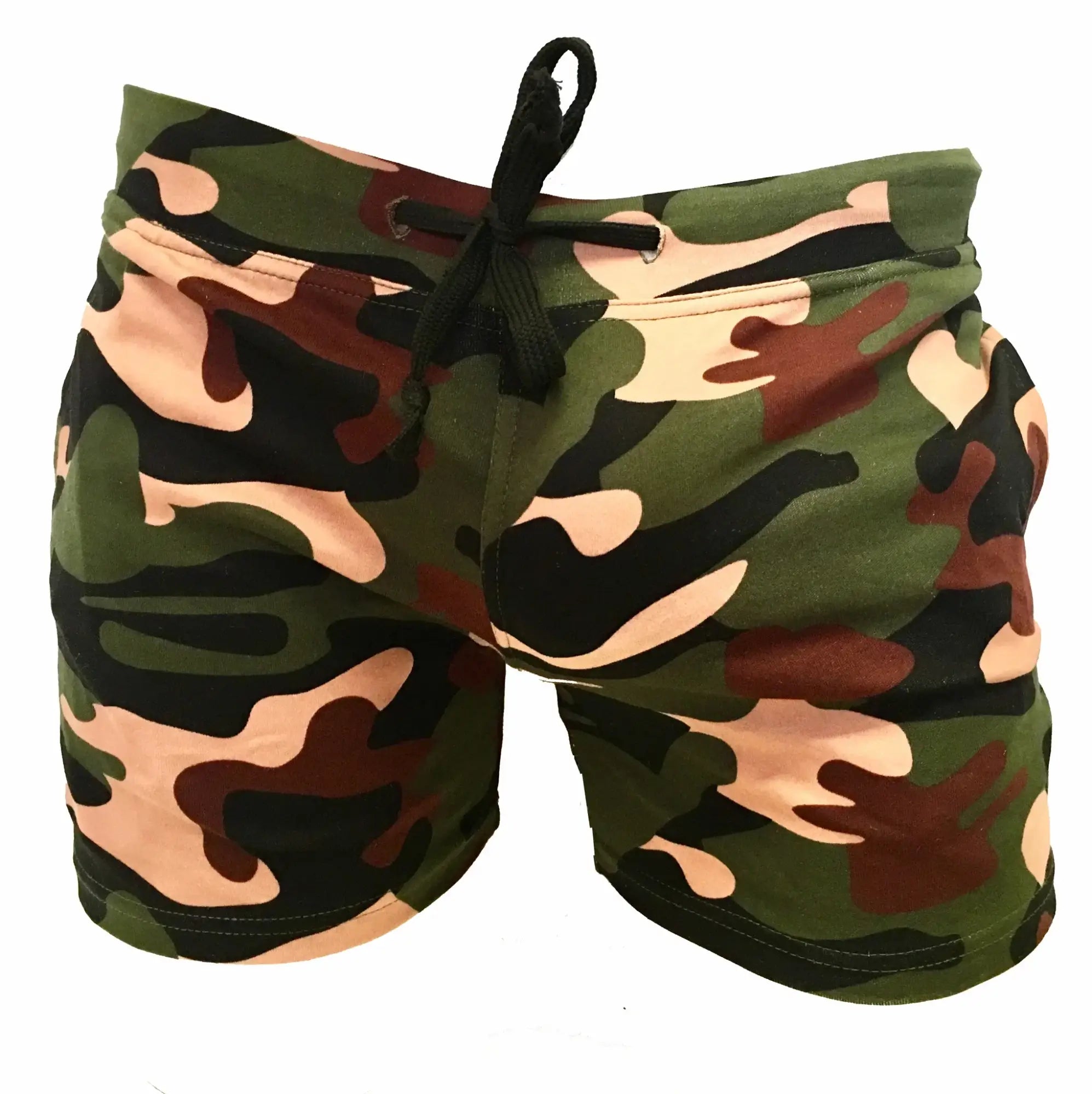 Camouflage short shorts with drawstring waistband featuring green and brown camo pattern for casual wear