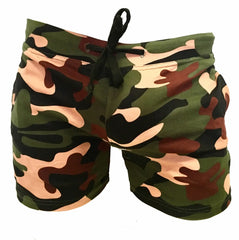 Camouflage short shorts with drawstring waistband featuring green and brown camo pattern for casual wear