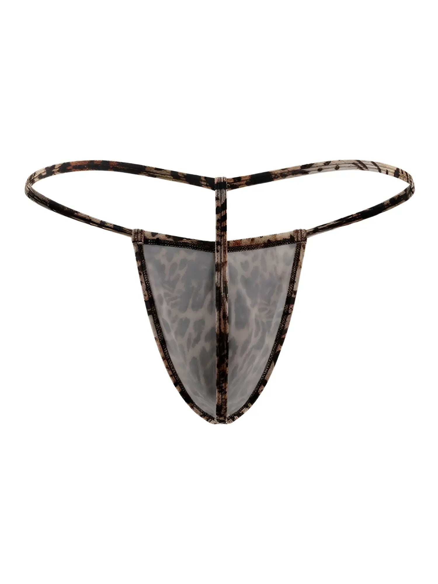 A sheer candyMan 9586 g-string thong with leopard print and a black and brown elastic waistband shown from the back