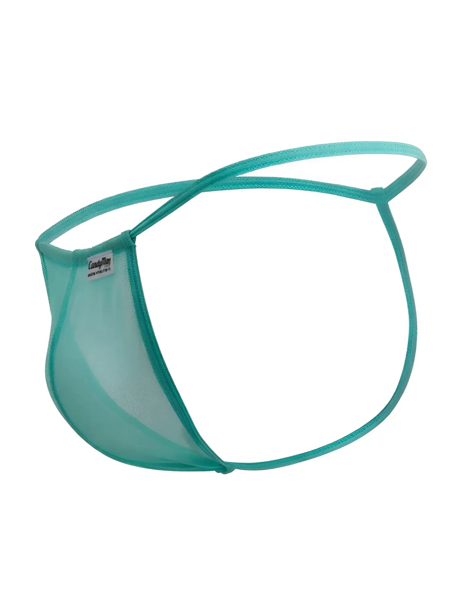Teal mesh thong g-string with thin supportive straps and branded tag from candyman 9586 aqua mesh collection