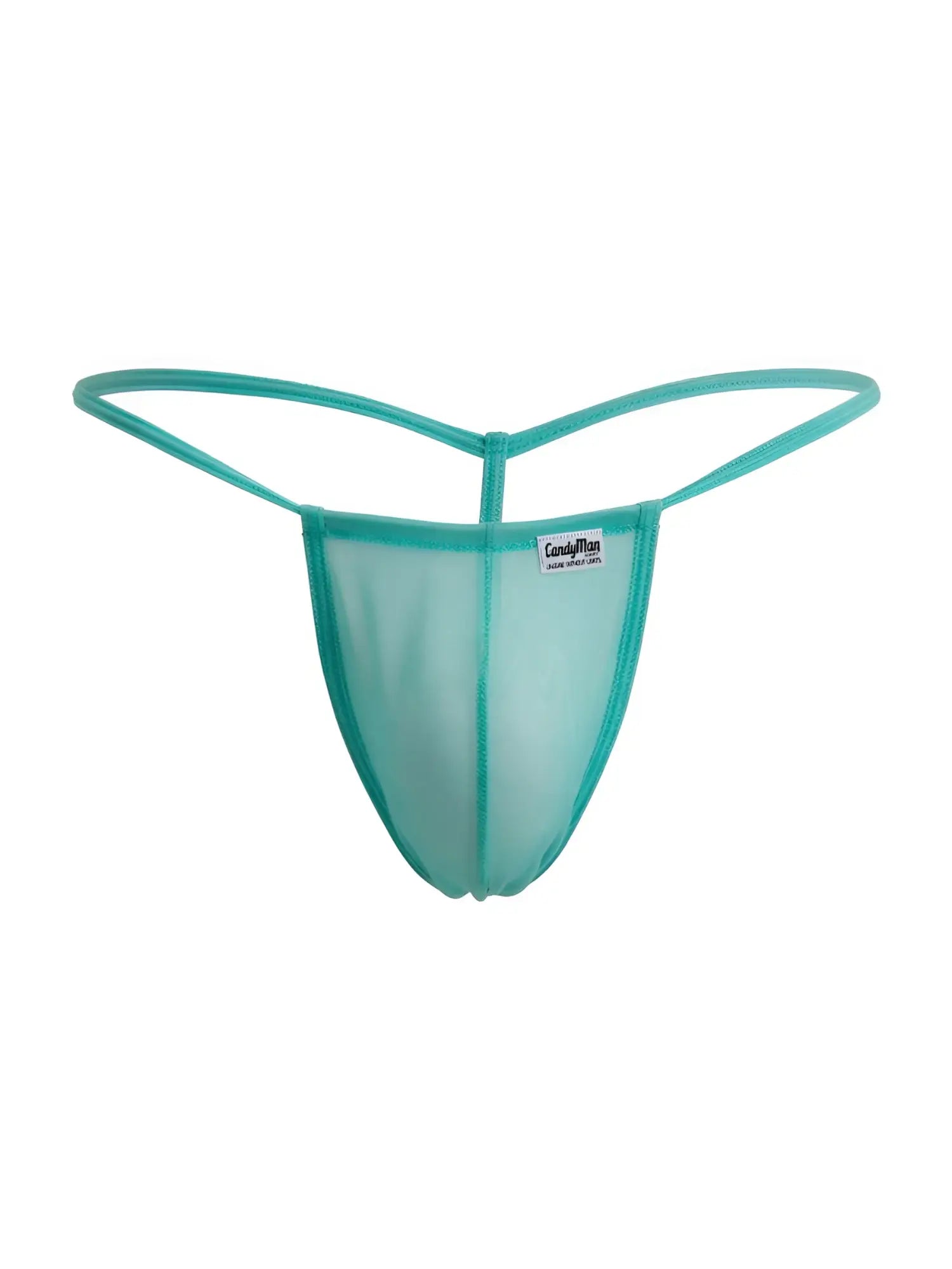 Teal CandyMan 9586 g-string made of aqua mesh with a thin supportive waistband and small brand tag visible