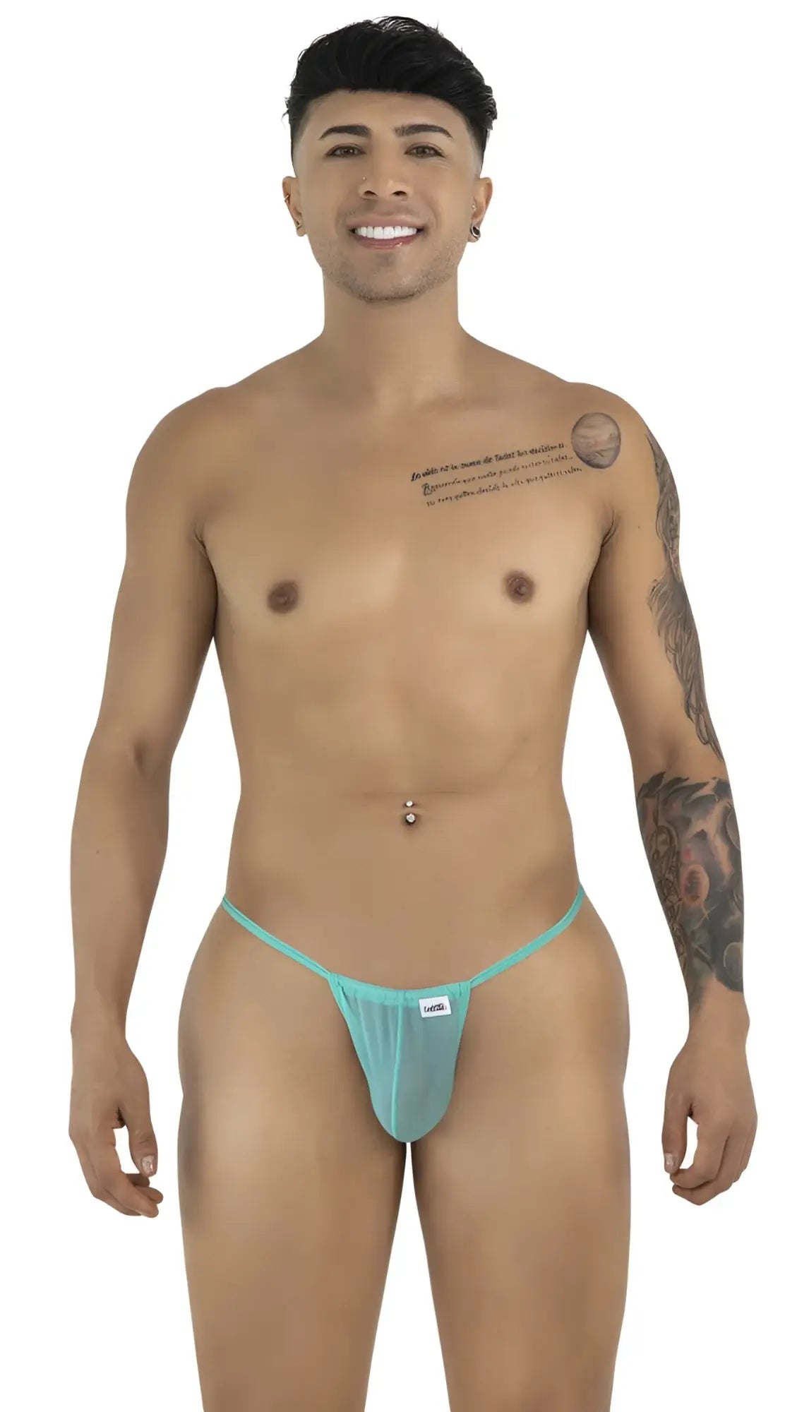 Teal mesh thong g-string with a small white brand tag on the front by candyman 9586 in aqua mesh material
