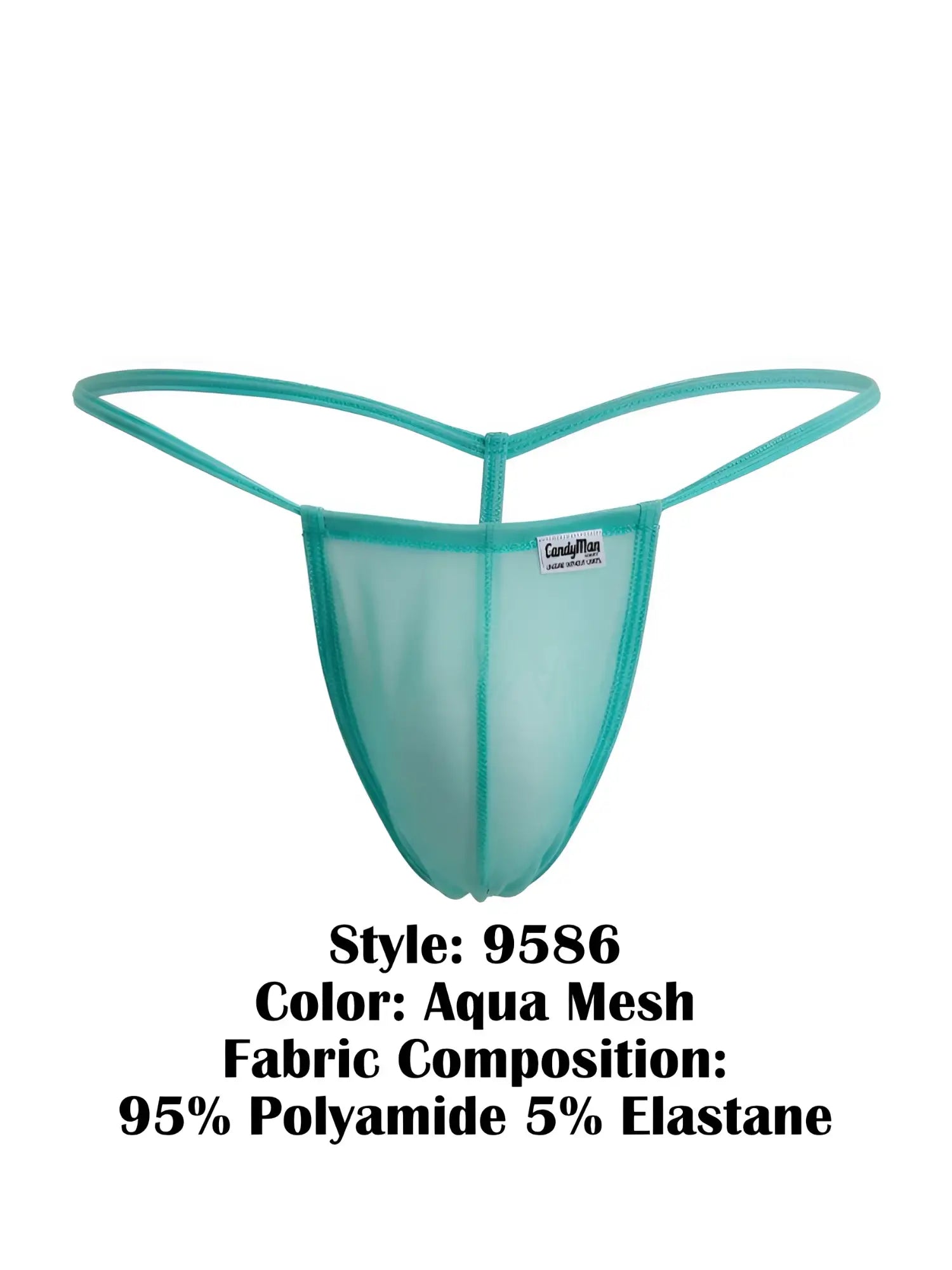 CandyMan 9586 g-string in sheer aqua mesh with thin elastic straps and a snug translucent fit