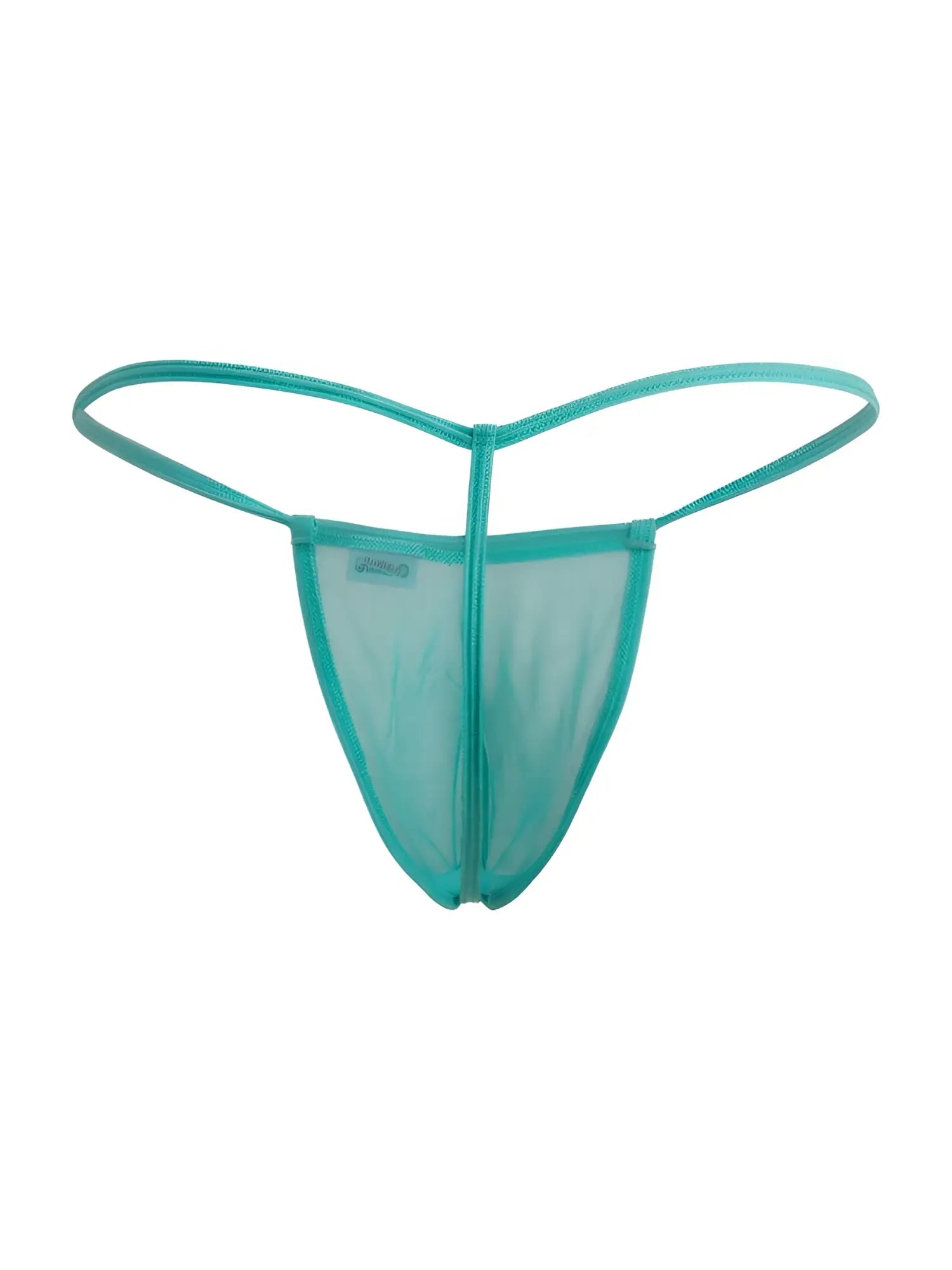 A translucent teal mesh candyMan 9586 g-string thong with thin matching elastic straps shown from the back side