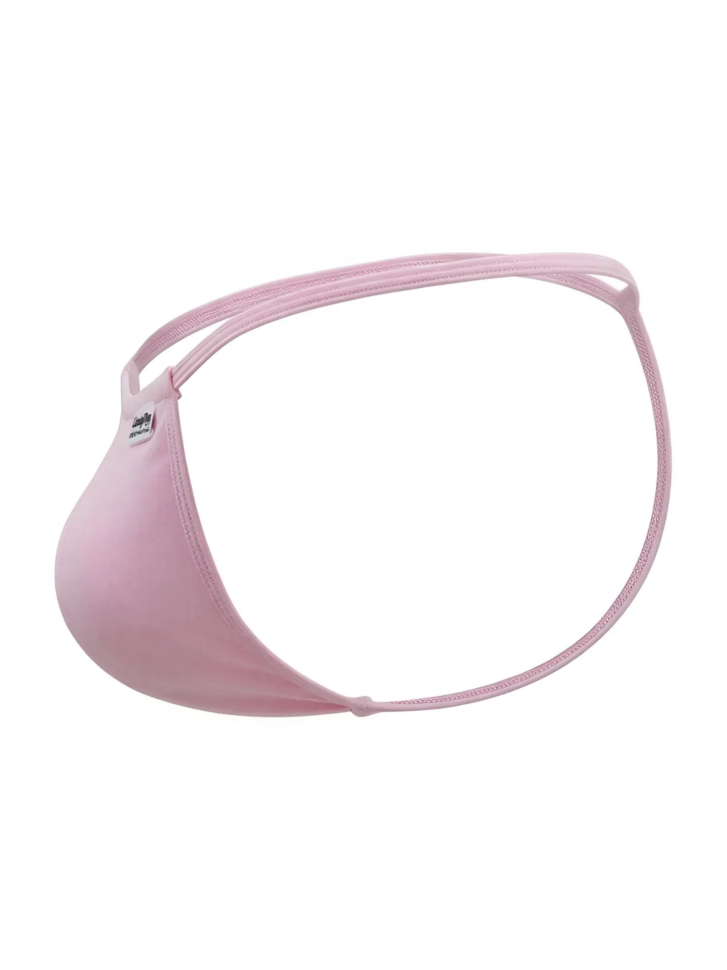 Pink stretchy fabric thong g-string color baby pink with thin elastic straps shown from the back