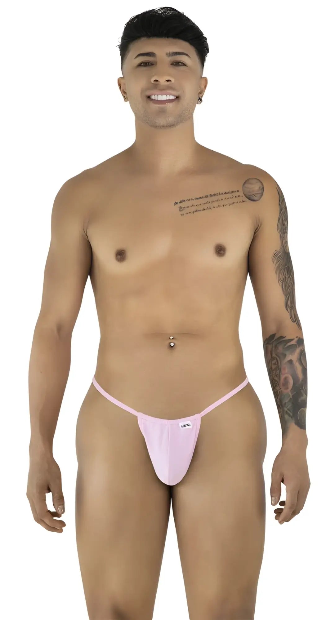 Pink candyMan 9586 G-string thong with small white logo on front in baby pink color for lingerie use
