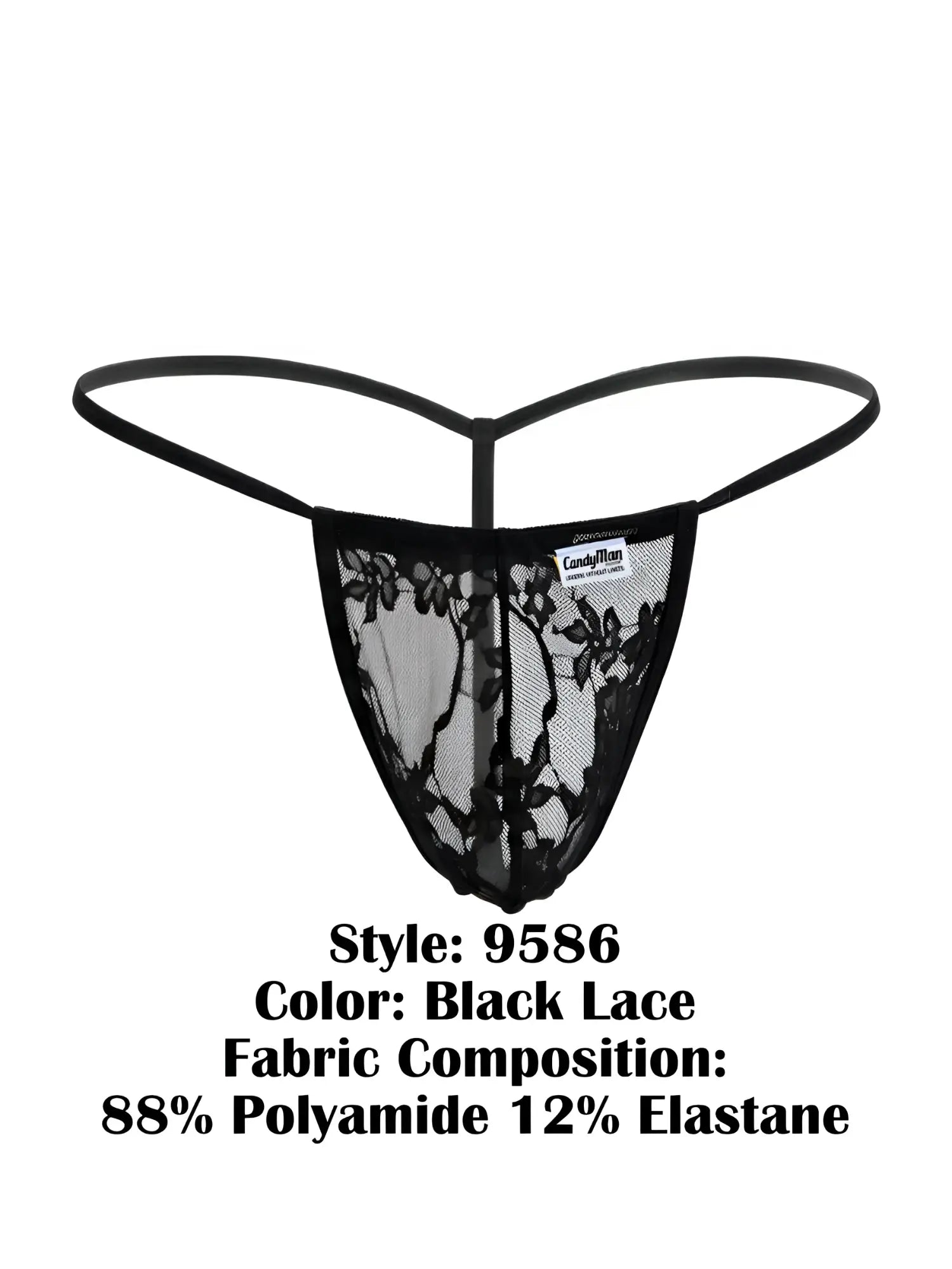 Black lace thong CandyMan 9586 g-string with delicate floral patterns and a thin elastic supportive band
