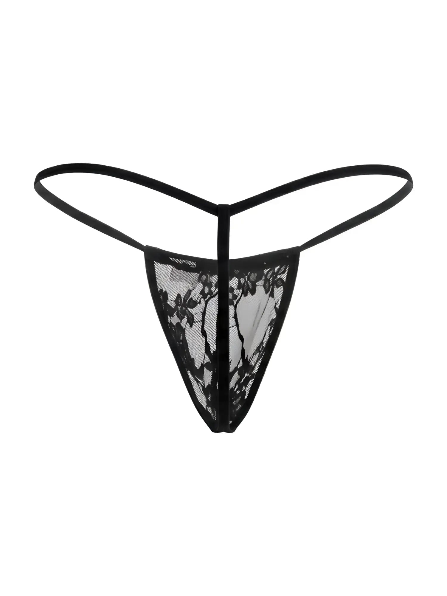 Black lace thong g-string candyMan 9586 with delicate floral patterns and thin supportive straps