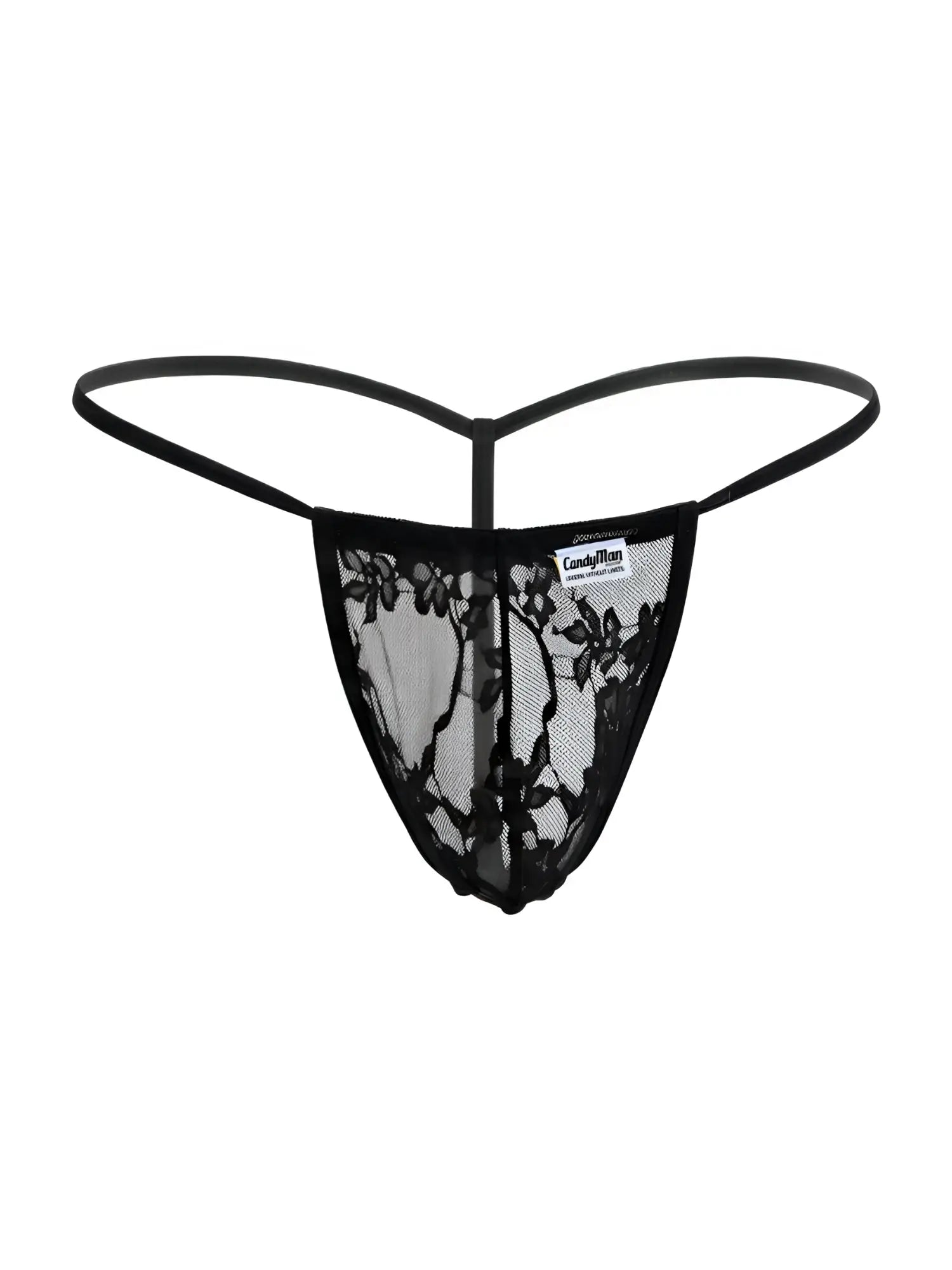Black lace thong g-string by candyman featuring delicate floral pattern and thin supportive straps