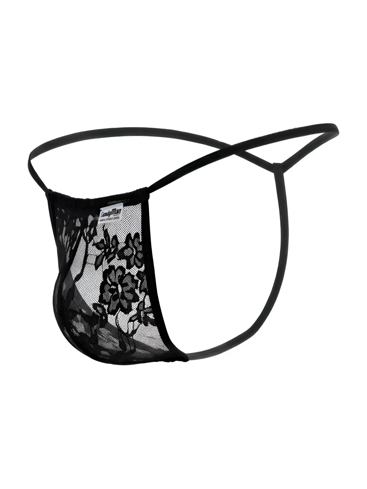 Black lace thong g-string candyMan 9586 with floral pattern and thin elastic straps visible from the back side