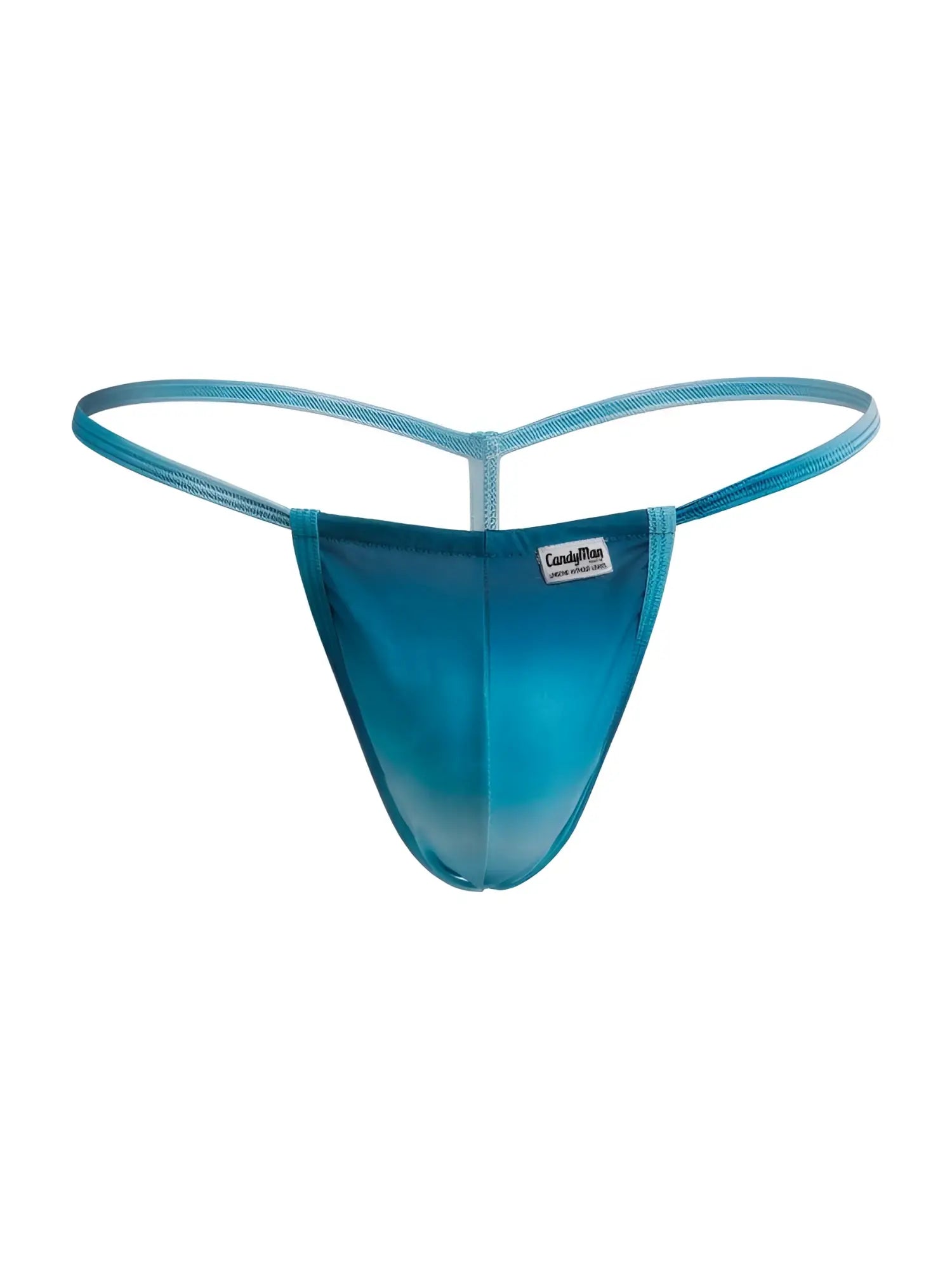 A sleek translucent teal thong with gradient finish and thin elastic straps candy man 9586 g string color blue print