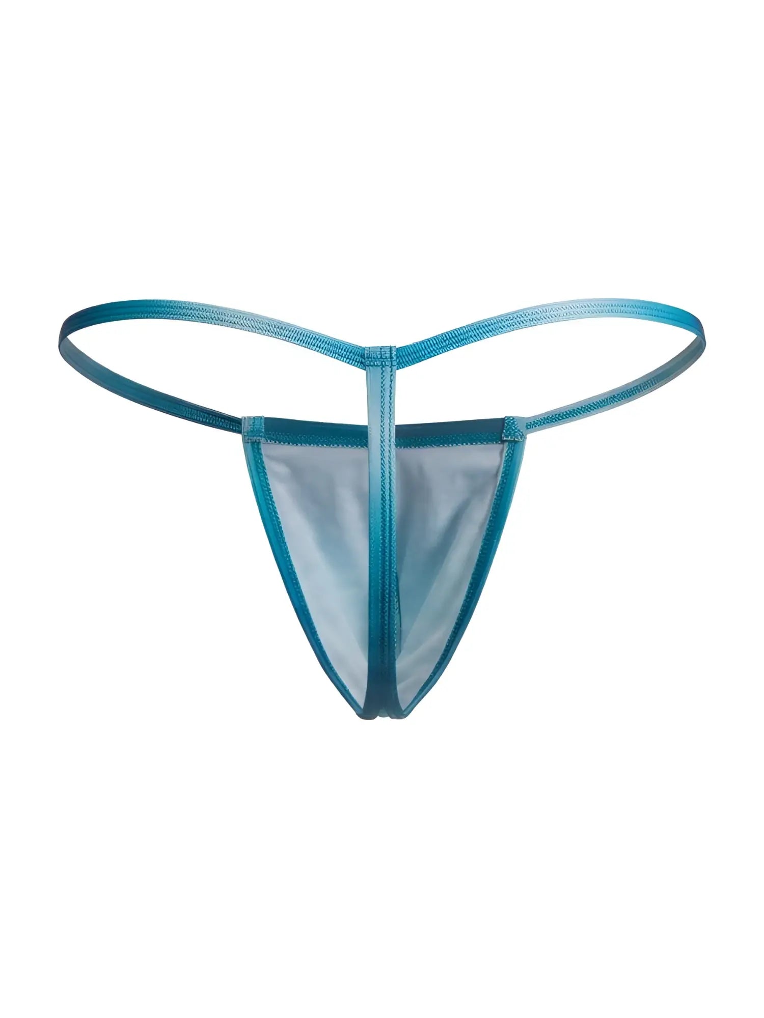 Teal blue CandyMan 9586 sheer mesh thong with thin elastic band and reinforced stitching visible from the back