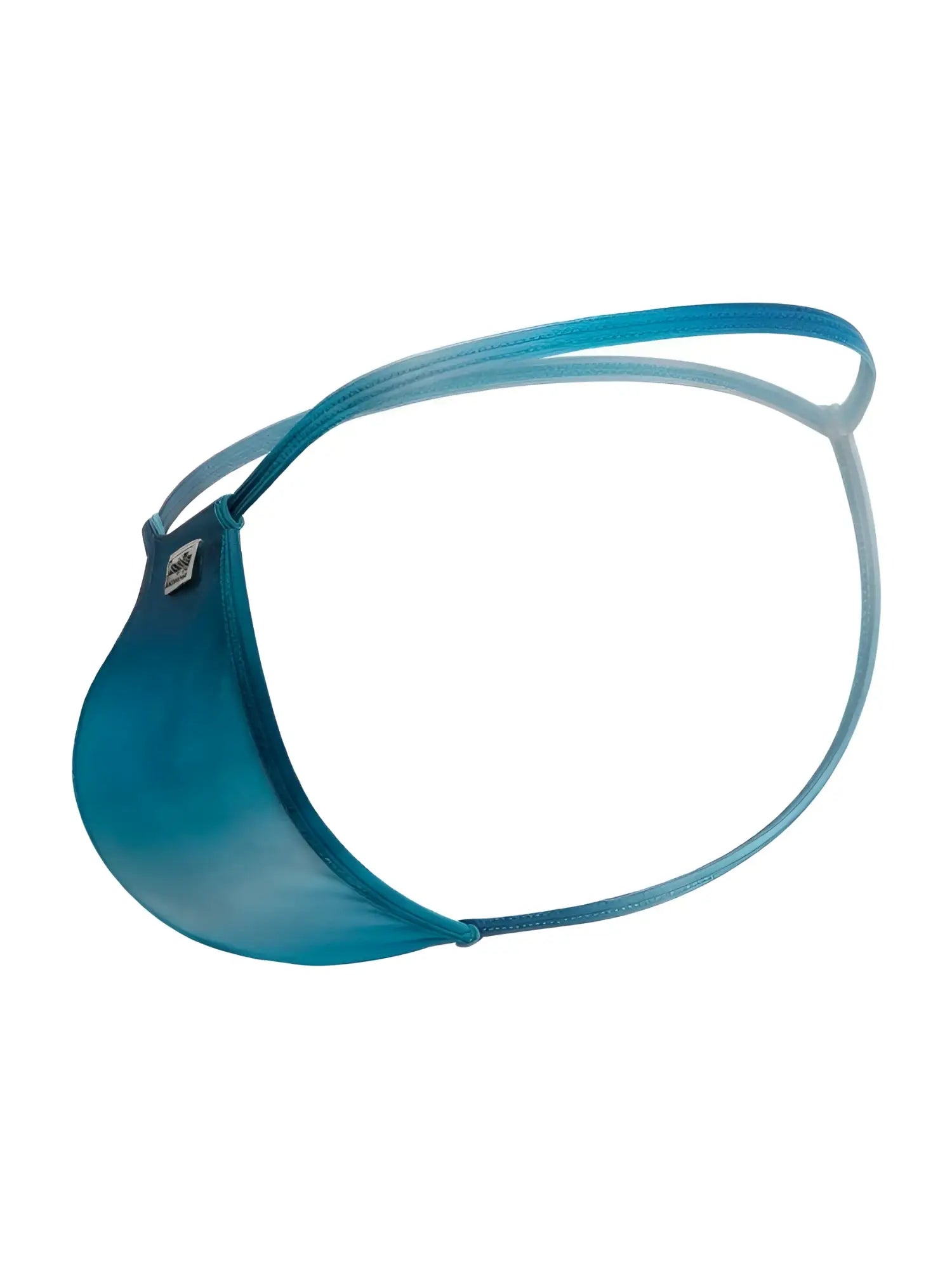 Teal-colored sleek minimalist CandyMan 9586 G-String swim trunks with smooth glossy finish in blue print