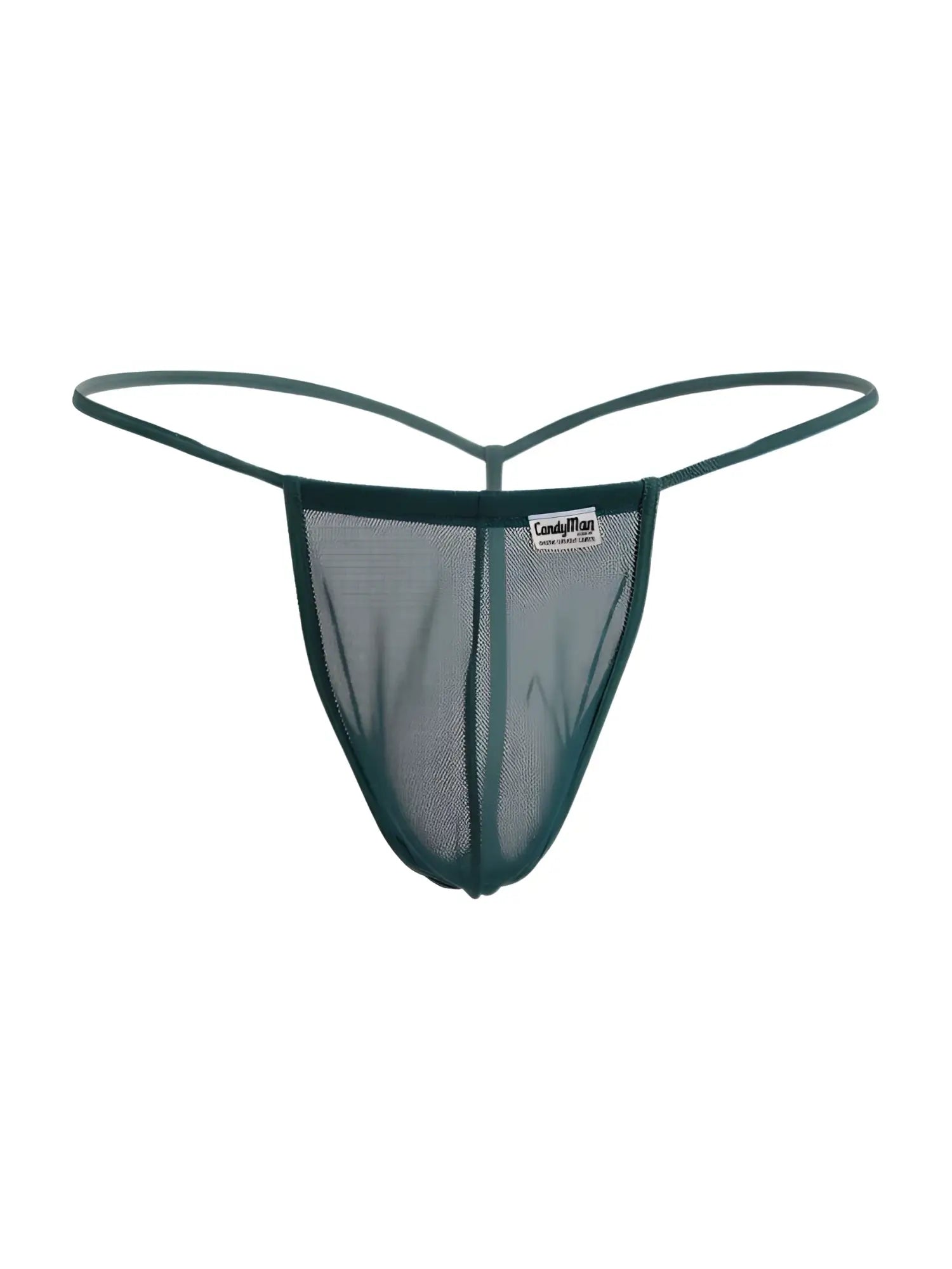 Dark green mesh thong g-string with thin elastic straps and small brand tag from candyman 9586 color bottle green mesh