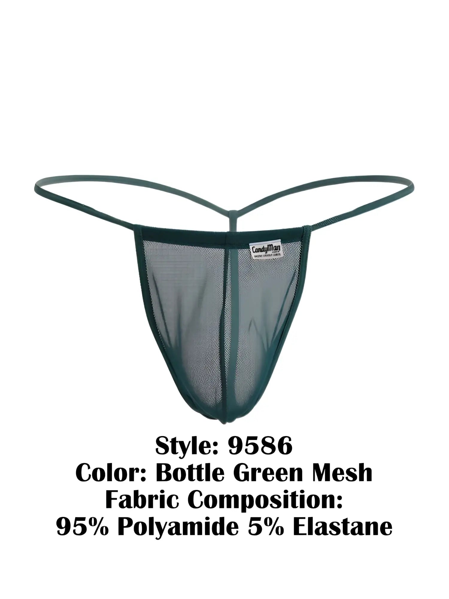 Bottle green CandyMan 9586 mesh thong with thin elastic straps and branded label at center front