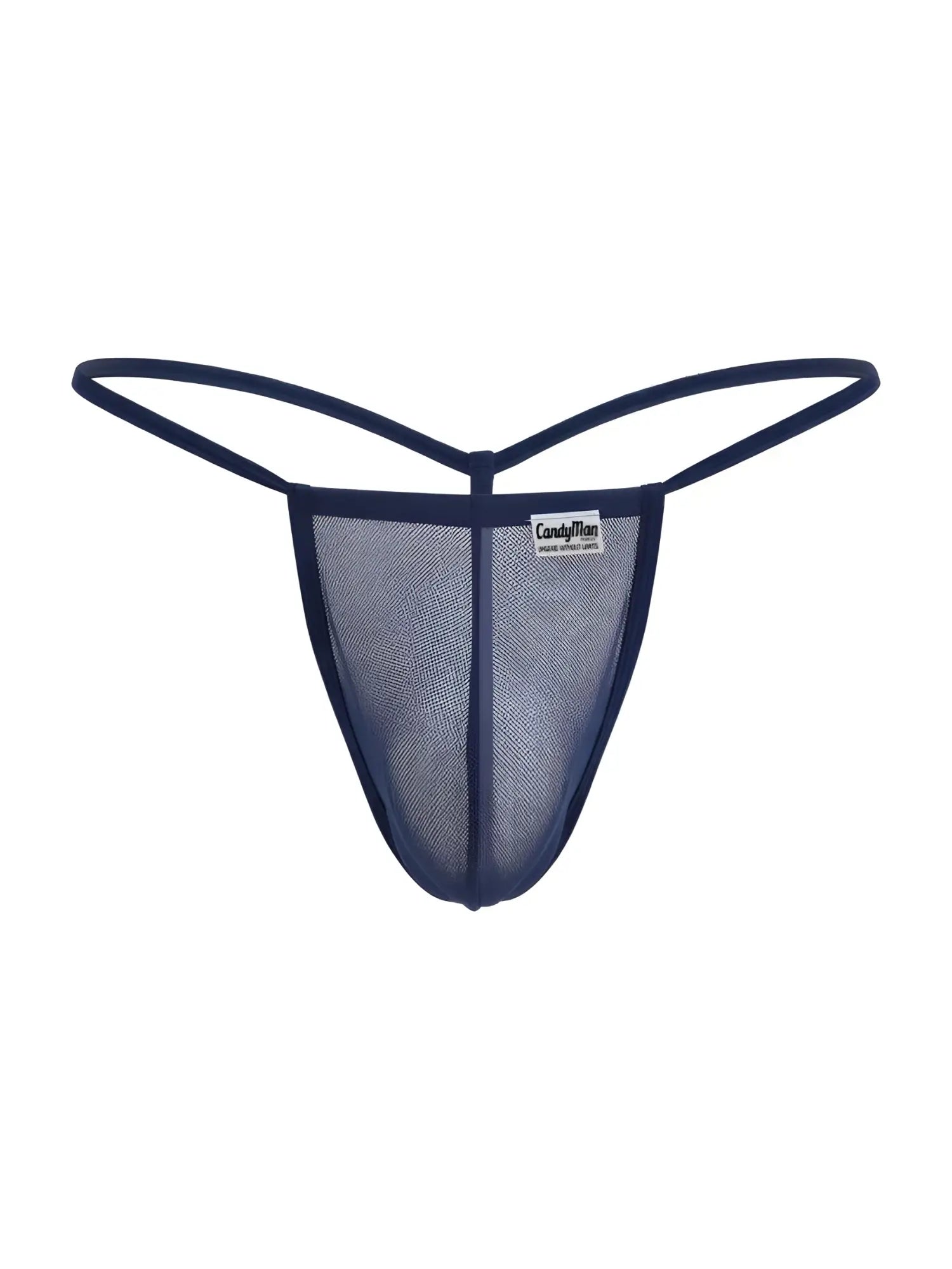Navy blue mesh CandyMan 9586 G-string thong with thin elastic straps and small brand tag visible