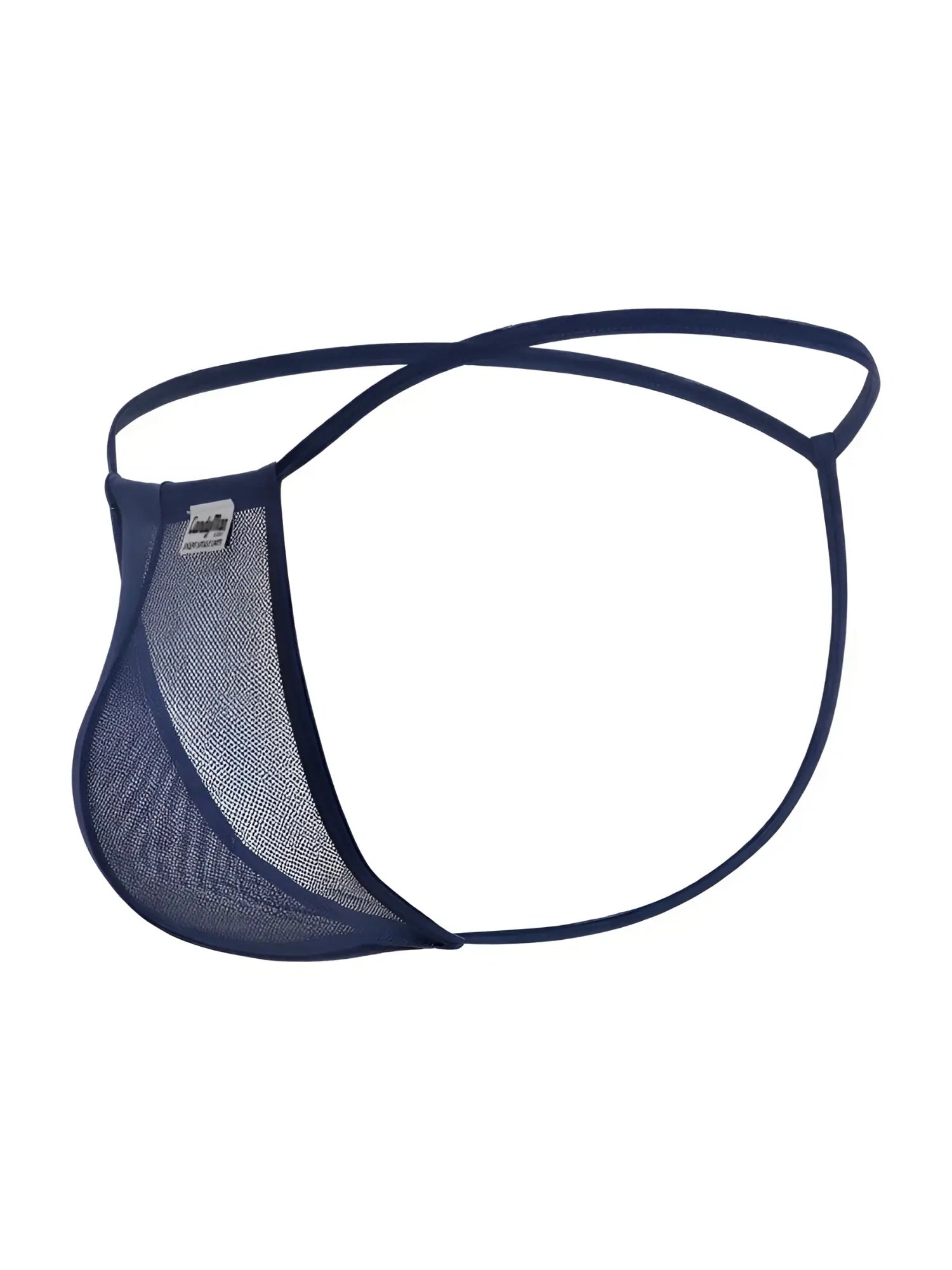 Navy blue mesh CandyMan 9586 G-string thong with thin elastic straps shown from the back side