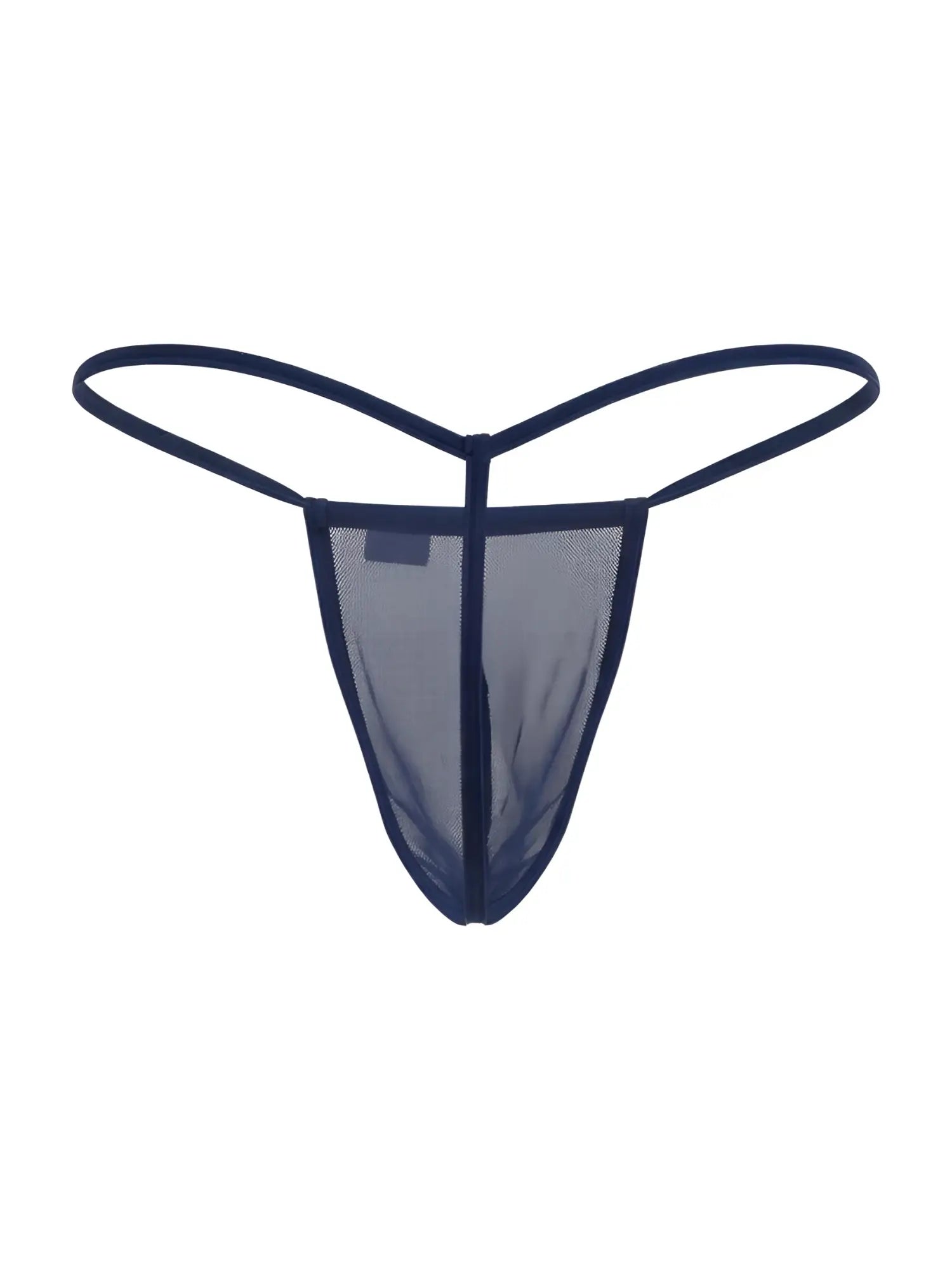 Navy blue mesh CandyMan 9586 G-string thong with thin elastic straps shown from the back side