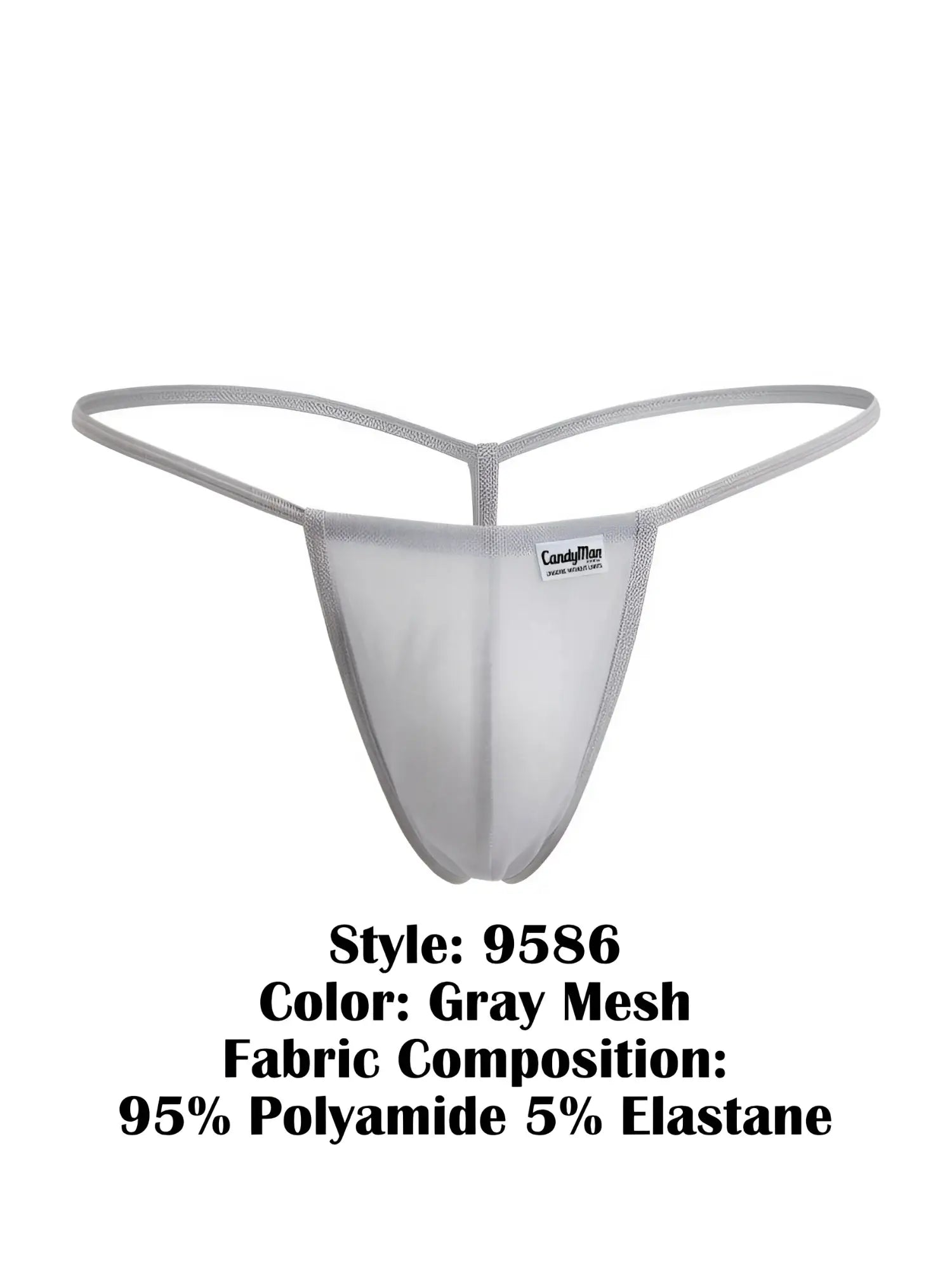 Gray mesh thong g-string by candyman 9586 with a sleek form-fitting design and thin elastic straps showing the back side