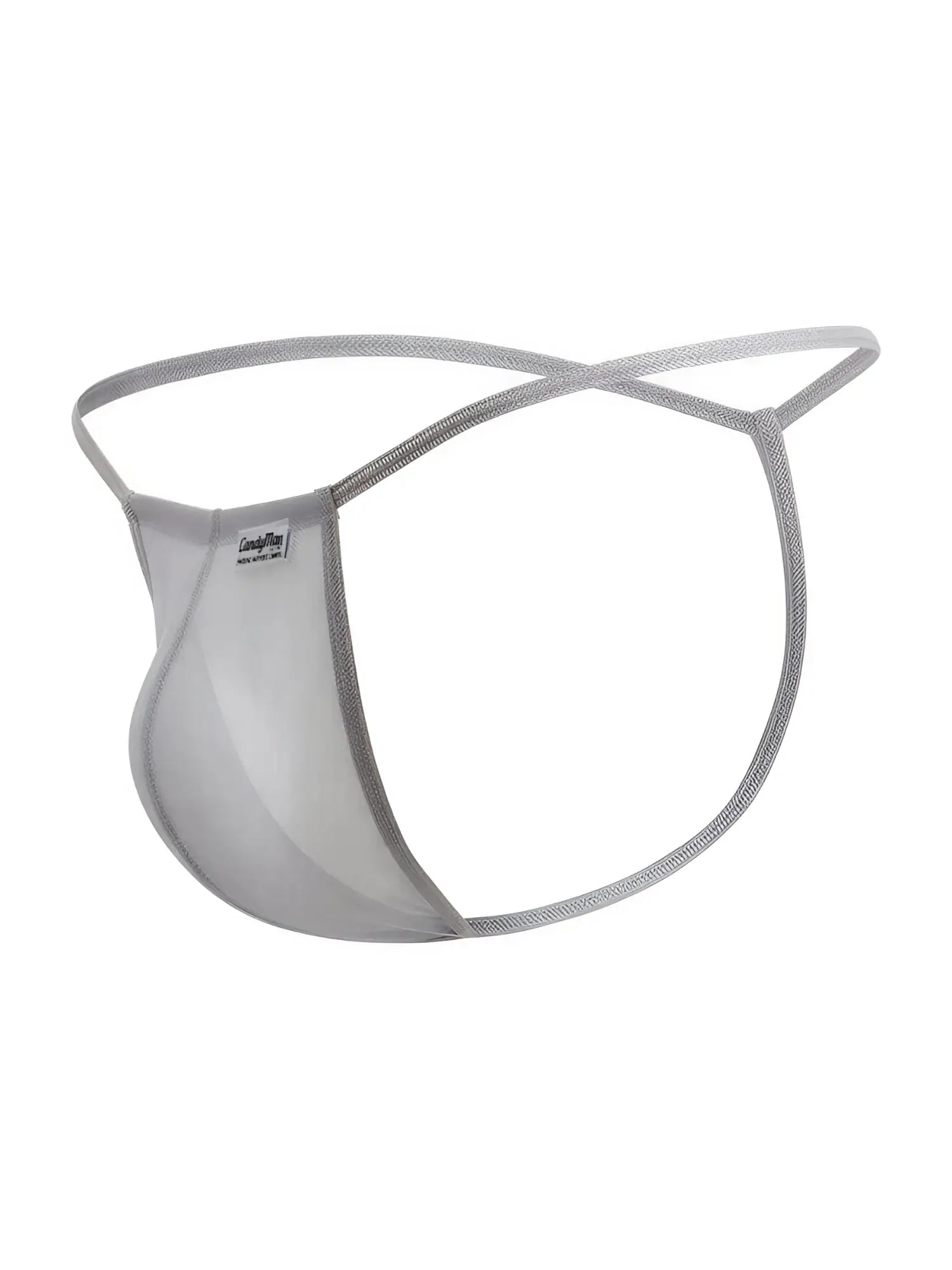 Gray mesh thong g-string by candyman 9586 with sleek minimalist design and thin elastic straps shown from the back