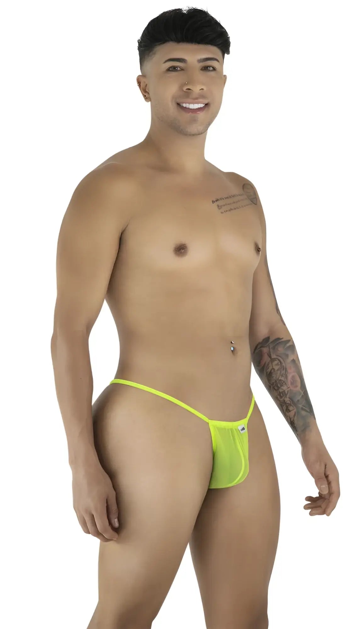 Bright neon green mesh thong g-string candyMan 9586 with small white logo on the side