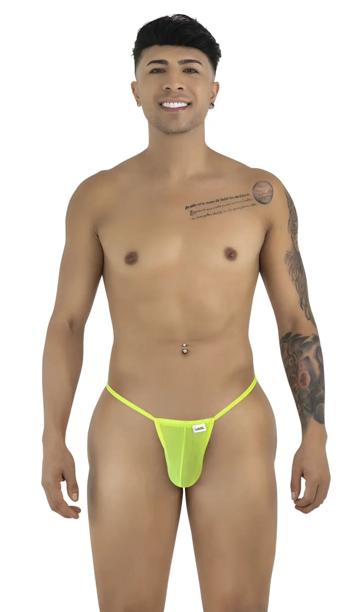 Bright neon green CandyMan 9586 G-string thong with hot green mesh and a small white brand tag on the side