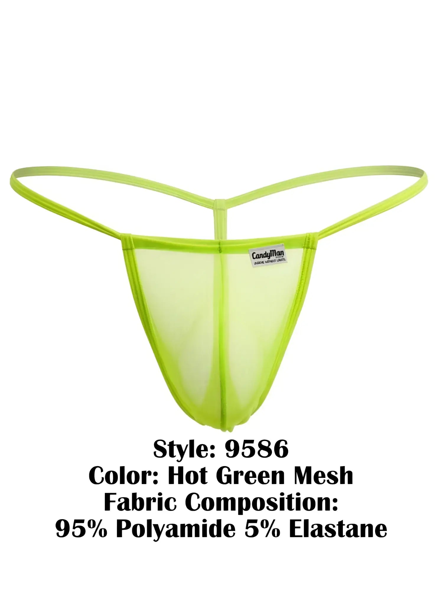 CandyMan 9586 g-string hot green mesh thong with sleek form-fitting design and thin elastic straps back view
