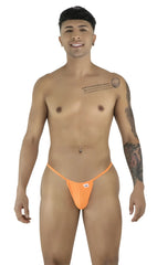 Bright orange CandyMan 9586 g-string thong with a small white brand tag on the front made of soft fabric