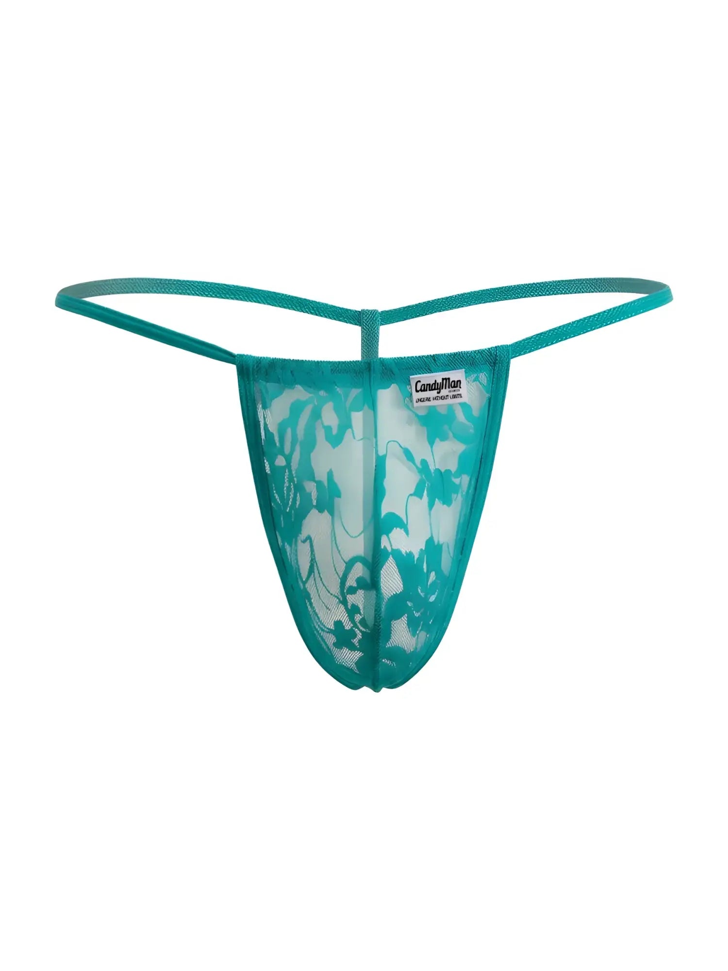 Teal lace thong with floral pattern and brand tag from candyman 9586 g-string color jade lace product line
