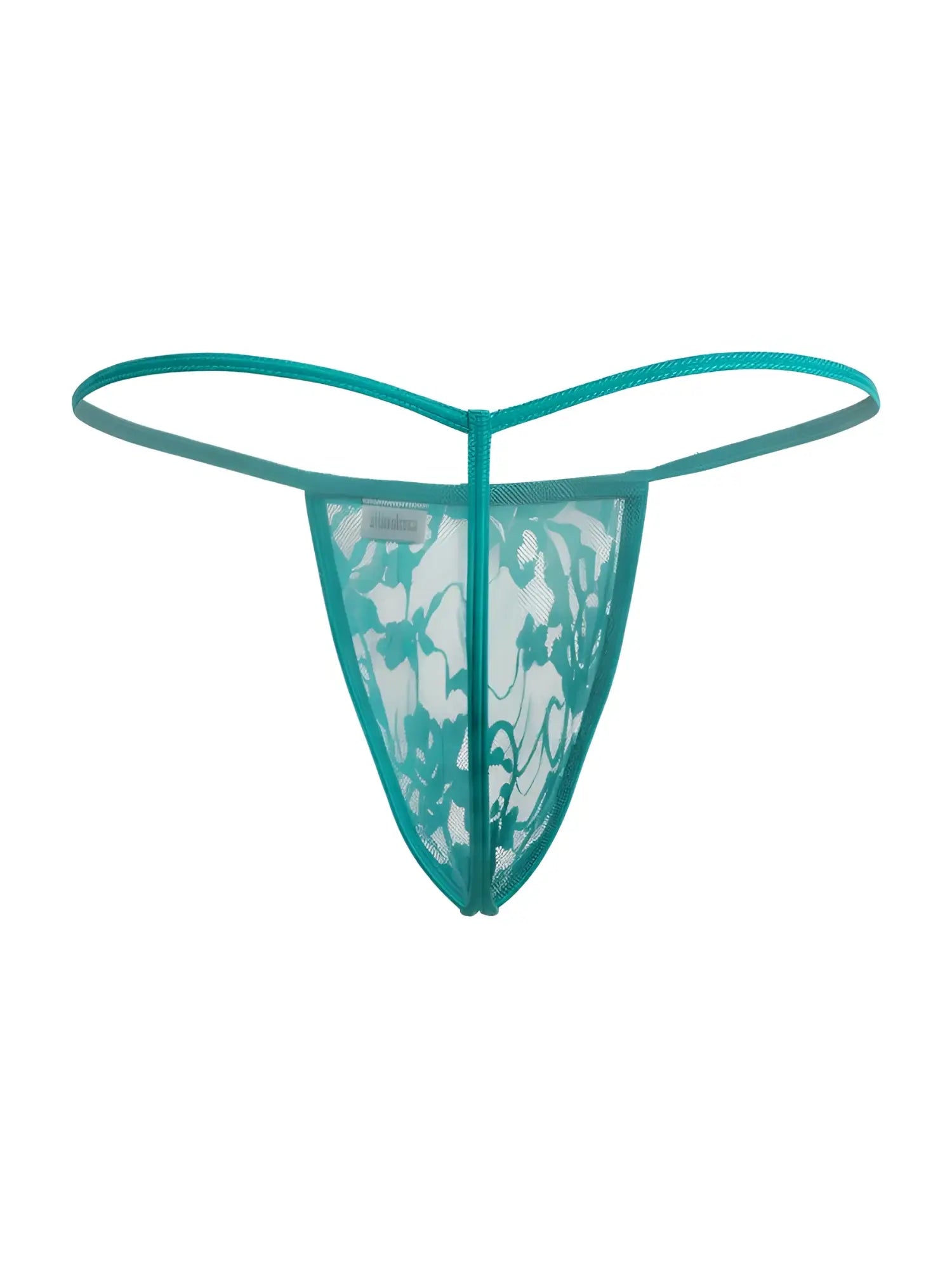 Teal lace thong candyMan 9586 g-string in sheer floral mesh with thin elastic straps in jade lace design