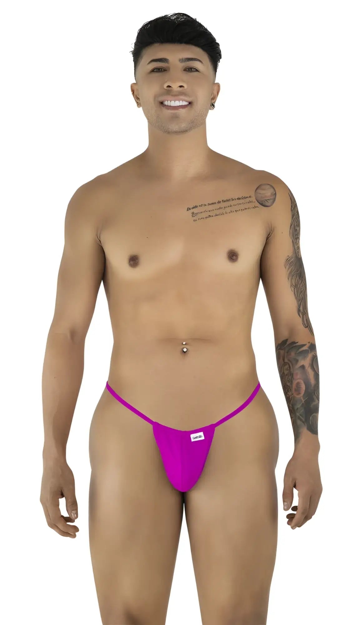 Bright fuchsia CandyMan 9586 g-string thong with a small white brand tag on the front in magenta color
