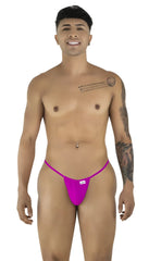 Bright fuchsia CandyMan 9586 g-string thong with a small white brand tag on the front in magenta color