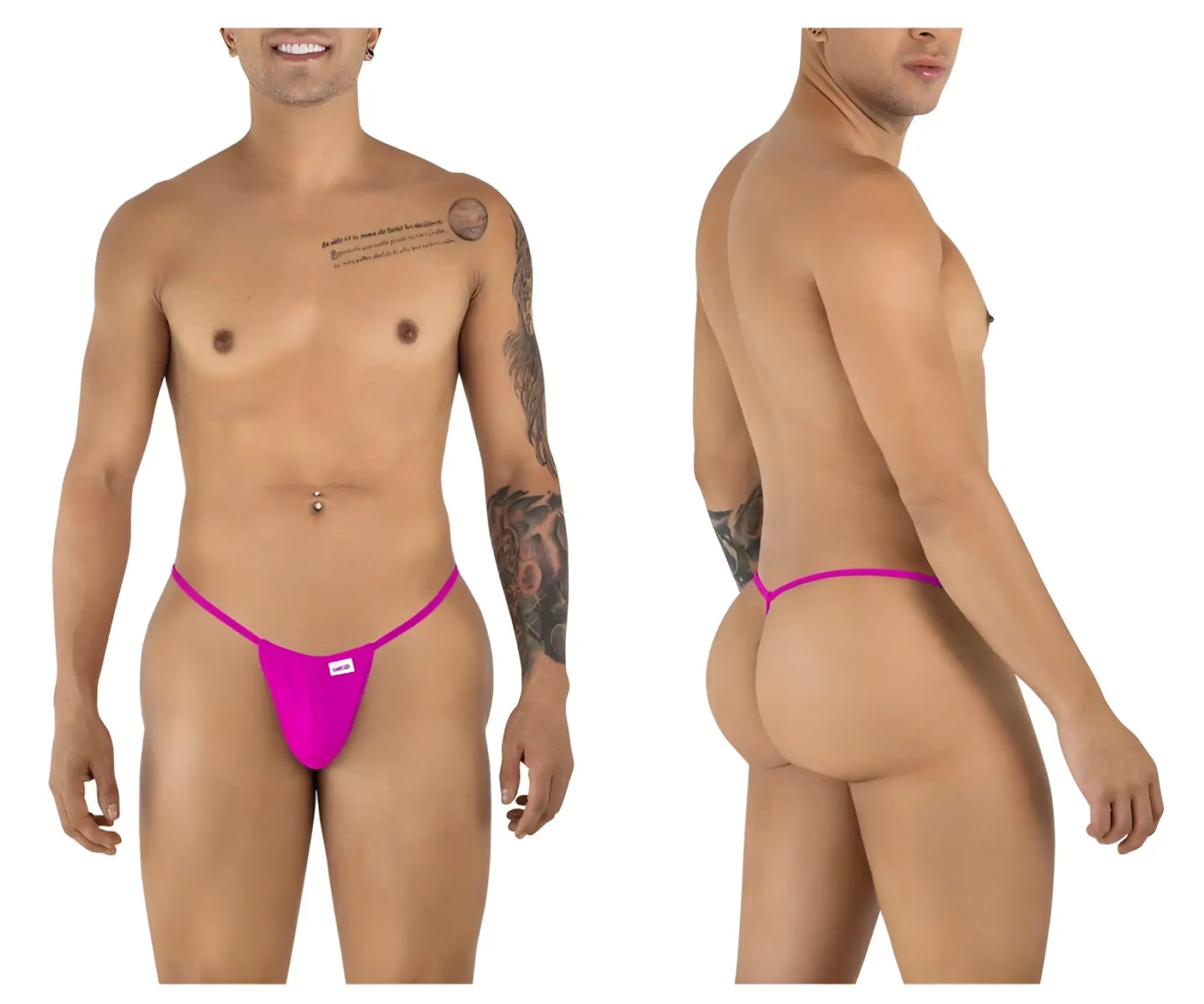 Bright pink CandyMan 9586 g-string thong with snug form-fitting design and small white brand tag at the front
